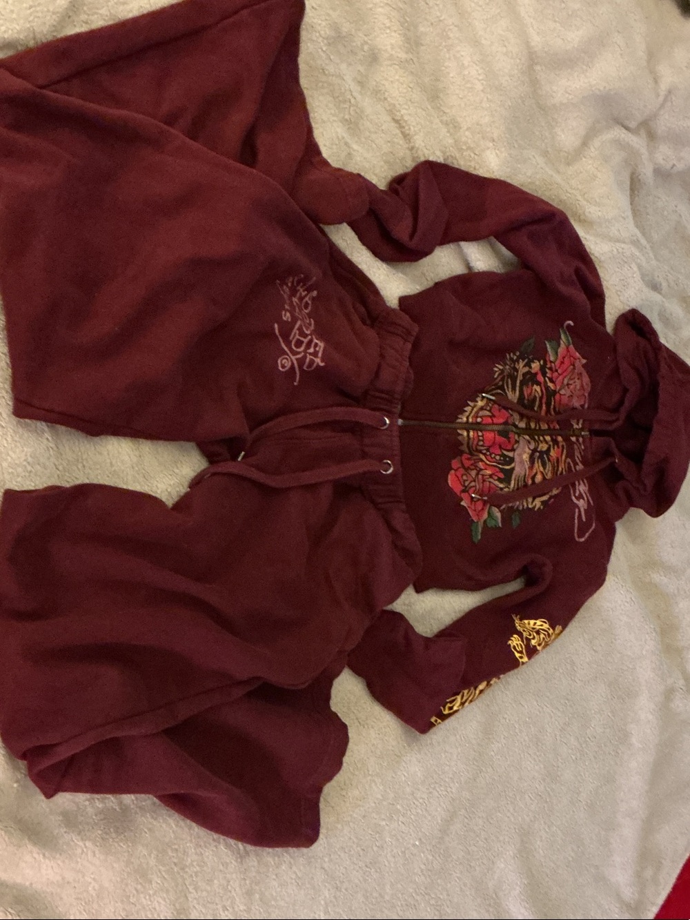 Ed hardy Women's Maroon Zip-Up Hoodie and sweatpants with Floral Tiger Embroider